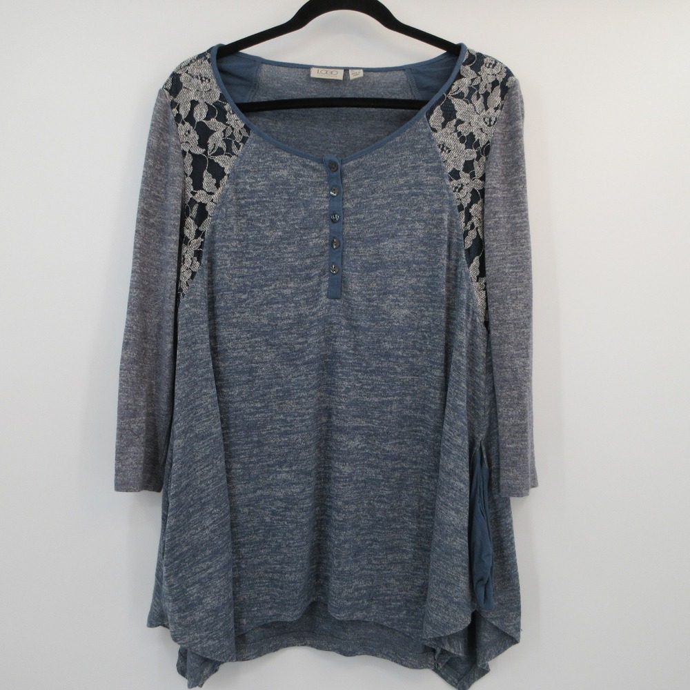LOGO Lori Goldstein Blue Space Dye Lace Henley Sharkbite Tunic Top Medium